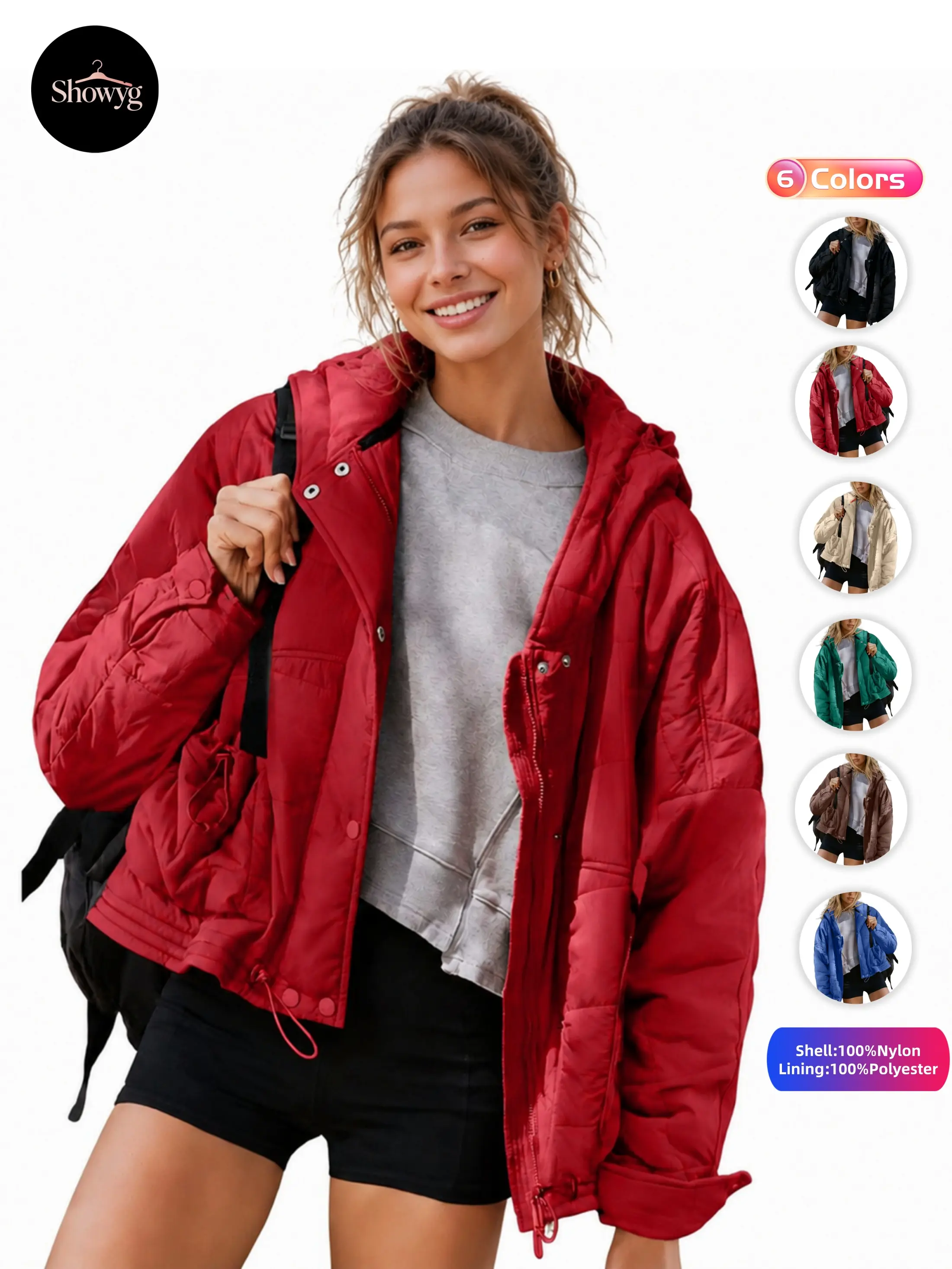 Showyg Women's Oversized Hooded Quilted Puffer Jacket - Mock Neck, Nylon Shell, Zip-Up Button Detail, Lightweight Medium Cut Winter Outerwear with Pockets for Casual Commute & Casual Wear