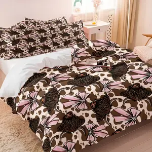 Cow Print & Pink Bow 3-Piece Decorative Duvet Cover Set, Ultra-Soft Microfiber Bedding with 1/2 Pillowcases (No Insert), Western Coquette Style Bedding for Bedroom Dorm Decor