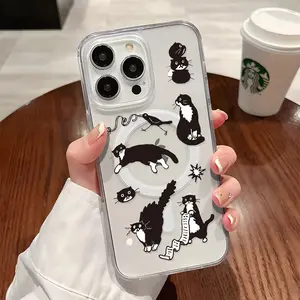 Cute Black Cat Pattern Magnetic Clear Compatible with MagSafe Shockproof Protective Phone Case Cover for iPhone X Xsmax 11 12 13 14 15 16 17 Pro Max Plus Air 17E