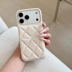 Quilted Litchi Grain Leather iPhone Case | Elegant Minimalist Protective Cover | with Rhombus Card Slot, Shockproof and Scratch-Resistant Design | Compatible with iPhone 17/16/15/14/13 Pro Max | Trendy Light Luxury Accessory