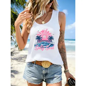 Pink Sun Palm Tree Wave Pattern Print Women's Casual Versatile Basic I-Length Vest for Beach & Outdoor & Date Outfits Women's Spring New Women's Camisole