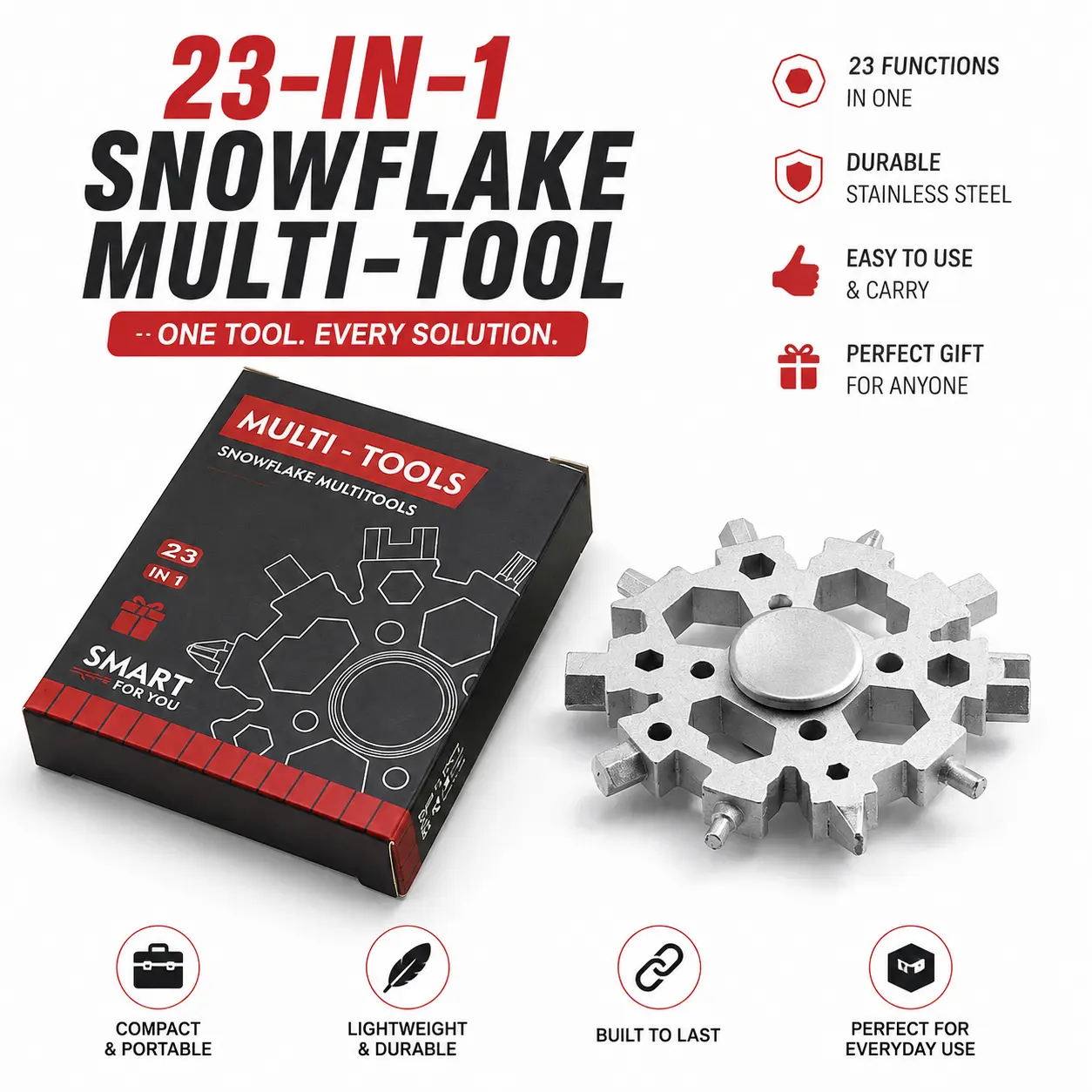 23-in-1 Stainless Steel Snowflake Multi-Tool Spinner, EDC Pocket Wrench, Screwdriver, Bottle Opener, Box Cutter, Compact Portable Survival Gadget for Camping, Home DIY, DIY Projects, Dads, Boyfriends