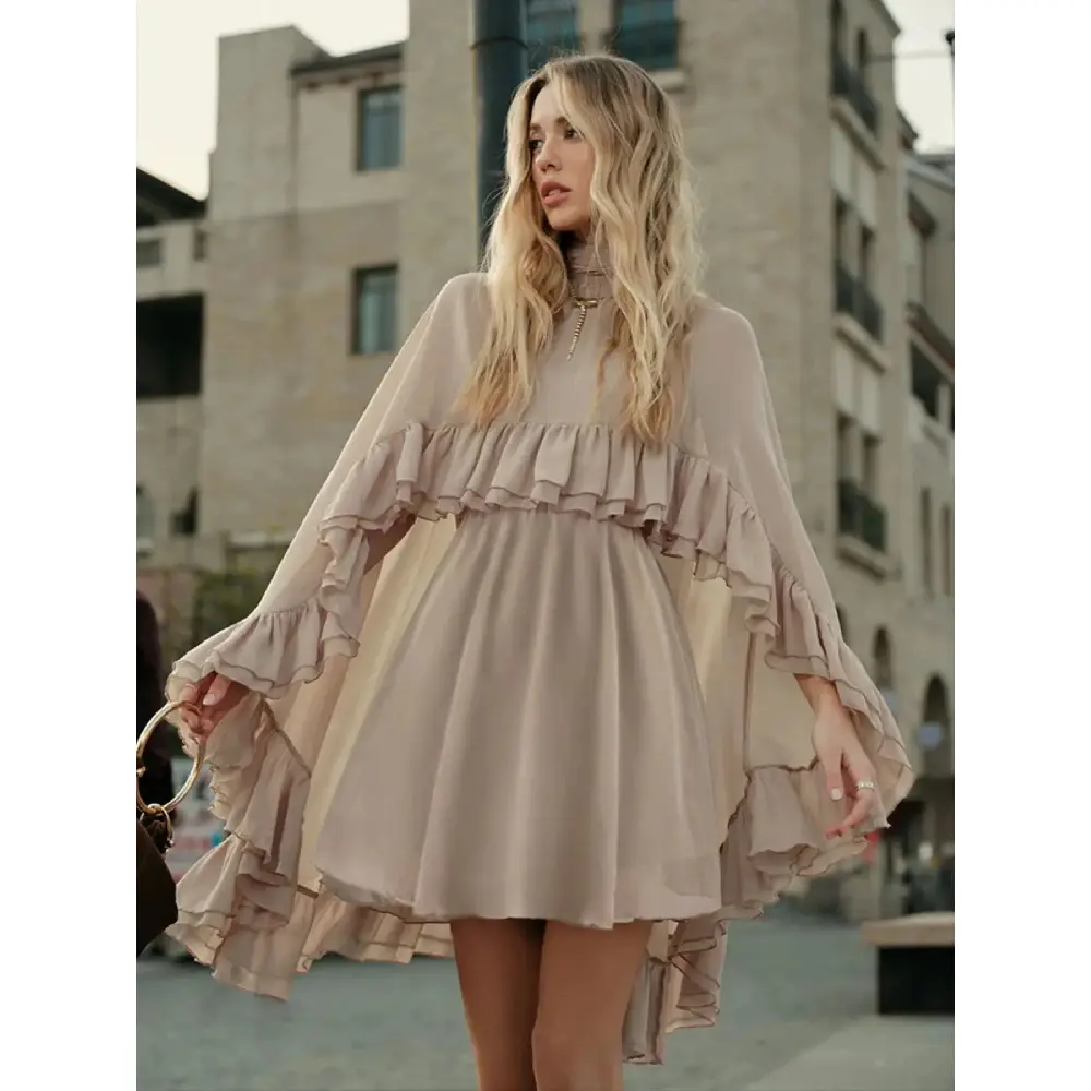 Women's 2-Piece Chic Chiffon Fabric Dress Set - Thin Sheer High Neck Ruffle Cape Vest & Soft Midi Slip Dress