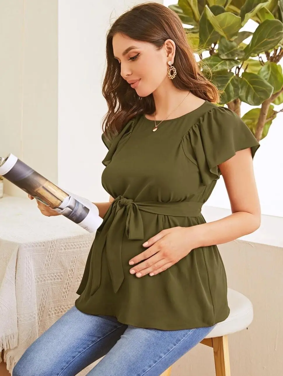 Maternity Butterfly Sleeve Belted Top - Chic & Comfortable Fit