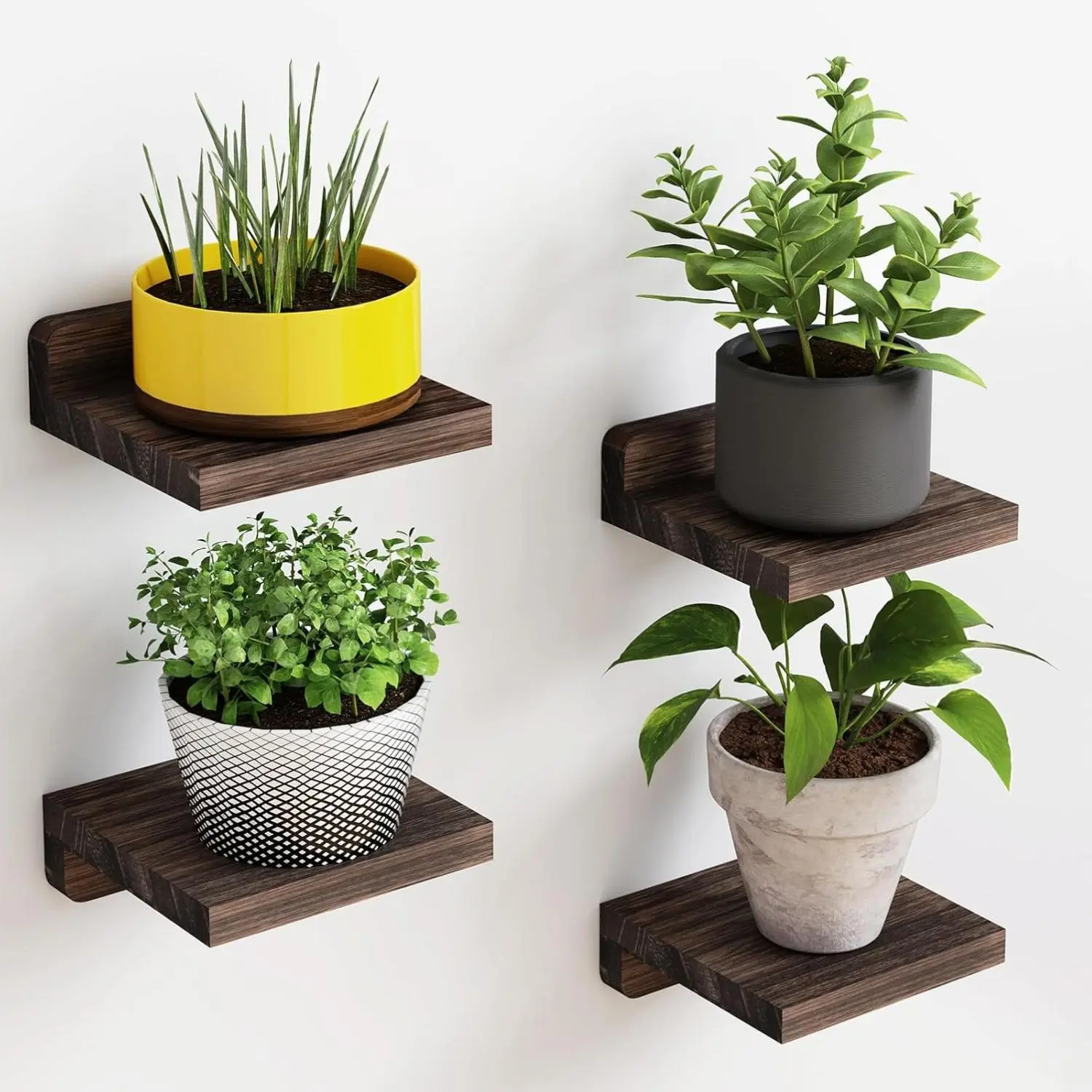 Small Floating Shelves, 5X5 Inches Wall Shelf Set of 4, Rustic Wood Small Wall Mounted Shelves for Bedroom, Living Room, Kitchen, Bathroom Decor (Dark Carbonized Black)