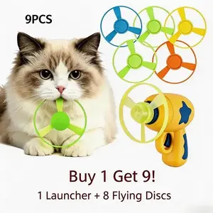 9Pcs Cat Fetch Toy Set Launcher Gun, Flying Disc Toy, Cat Track Toy for Cat Training Hunting Chasing Interactive Cat Toys for Bored Indoor, Cute Kitten Kitty Toys, Flying Propellers For Dog and Puppy Toy Pet Supplies, Cat Stuff Outdoorfun, Dog Stuff
