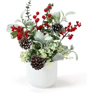 Artificial Plant Tabletop Christmas Decorations Ceramic Planter with Realistic Plants Small Christmas Tree for Home Decor Dining Table Centerpiece Indoor Christmas Decorations