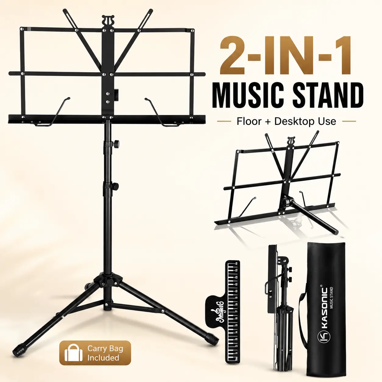 K KASONIC 2-in-1 Folding Music Stand with Carry Bag, Adjustable Floor & Desktop Sheet Music Stand for Guitar, Piano, Violin, School Band and Home Practice