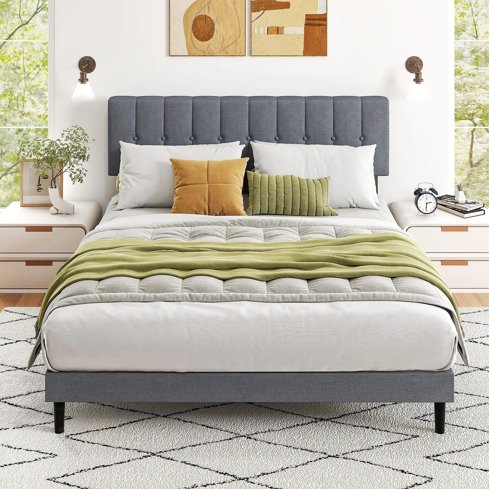 Sweetcrispy Gray Linen Upholstered Bed with Sponge, Density Board and Iron, Full Size Bed, Queen Bed