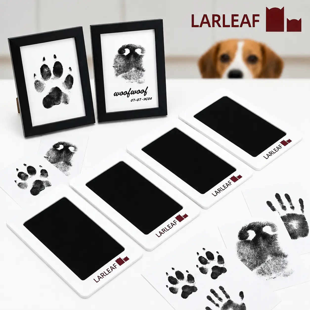 4-Pcs Paw Print Kit + 2 Photo Frame, Larleaf Dog Nose Print Kit, Mess-Free Paw Print Stamp Pad for Dogs & Cats, Clean Touch Ink Pad, Ink Pad for Hand and Footprints, Print Photo Frame Kit, Dog Stuff #Summervibes #