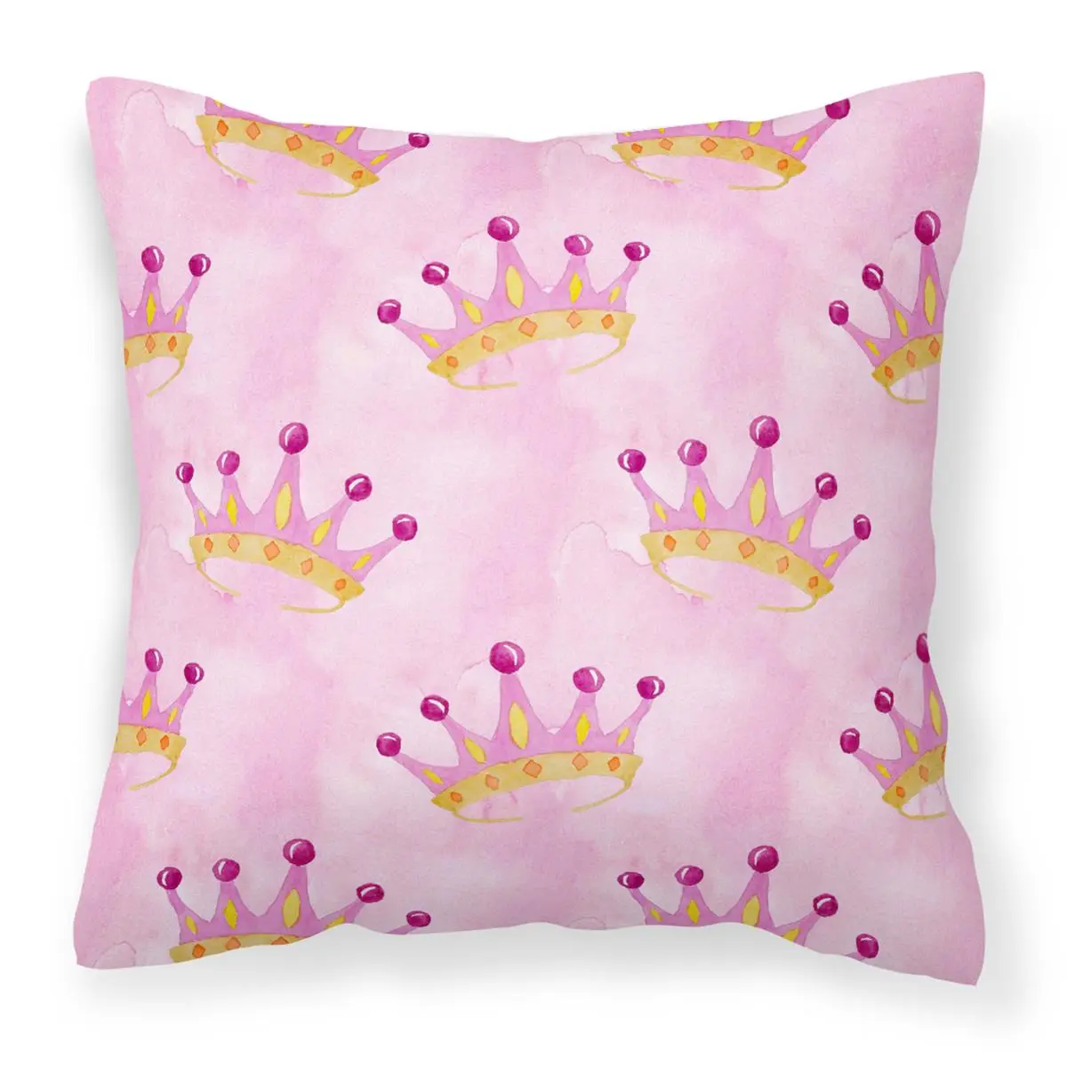 14x14 in Fade-Resistant Machine-Washable Decorative Pillow, Watercolor Art Princess Crown Design on Pink Fabric, Home Décor Accent Pillow