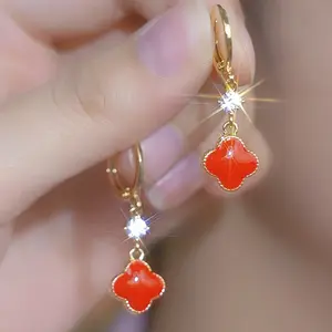 French Red Four-Leaf Earrings for Women, Elegant Luxury Ear Cuffs – Dainty Chic Fashion Jewelry DZEH4348