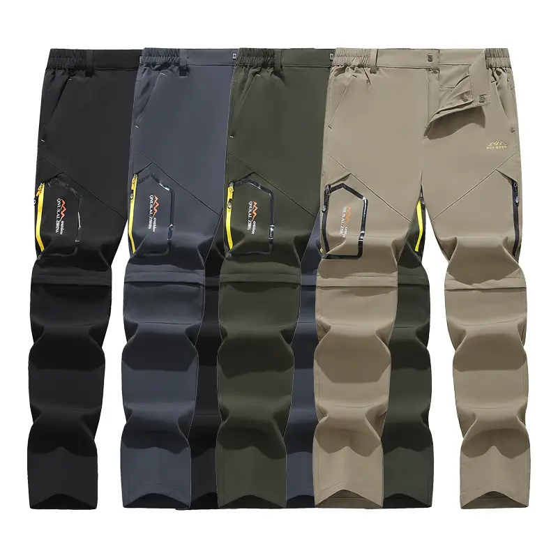 Detachable two-section stretch quick-dry pants with multiple pockets, straight athletic cut, breathable fabric, suitable for summer, hiking/mountaineering pants, practical versatile casual style