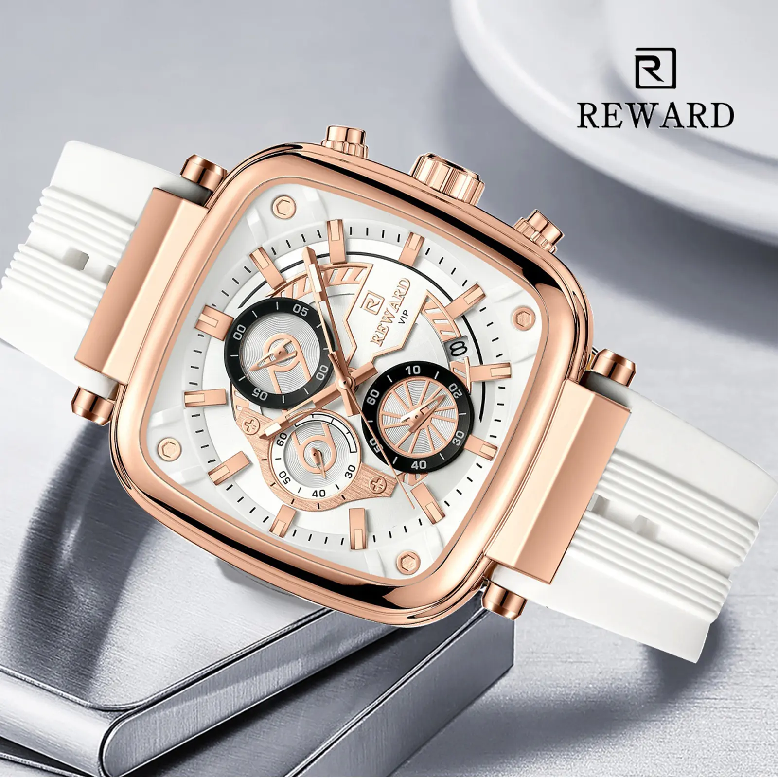 REWARD Men Watches Square Dial Rose Golden White Quartz Analog Luminous Date Wrist Watch Silicone Strap Luxury Casual Watch for Men
