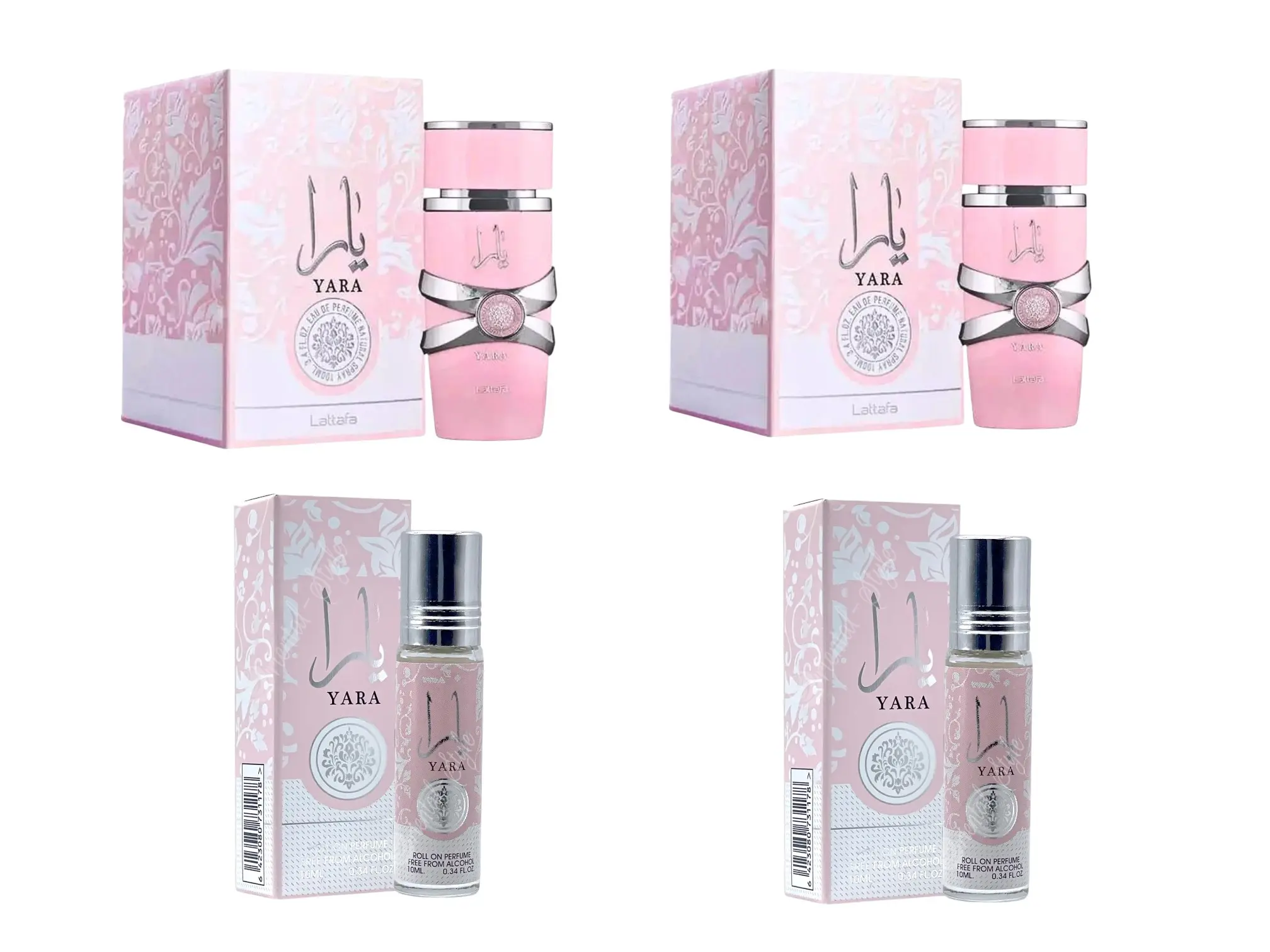(4pc Bundle Pack) 2 PACK 3.4oz Yara Perfume + 2 PACK 10ml Yara Roll-On Perfume Oil by Lattafa