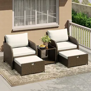 5-Piece Outdoor Patio Sofa Set - PE Rattan Wicker Conversation Furniture with Tempered Glass Coffee Table, Cushioned Chairs & Ottomans, Waterproof Soft Cushions for Garden, Backyard, Balcony, Porch