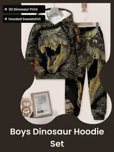 Kids Jurassic Tyrannosaurus Rex 3D Print Hoodie Set, Boys Spring Autumn Dinosaur Theme Two-Piece, Casual Long Sleeve Sweatshirt & Pants, 5-14 Years