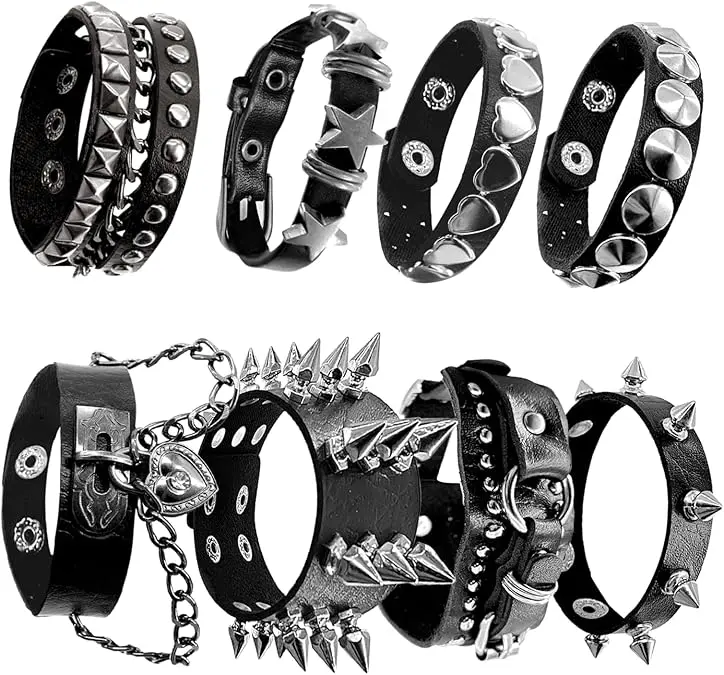 Punk Bracelets, 8 Pcs Adjustable PU Leather Cuff Set, Gothic Spiked Wristbands, Unisex Wear for Rock Music Festivals & Parties, Bikers, Bangle, Role Play, Party Ready, Unique Styles, Rock Events, Rivet Decor, Cuff Wrap, Adjustable Fit