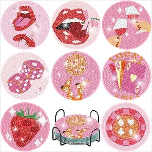 8-Piece Diamond Art Cup Mat Coasters Set with Stand, Diamond Painting Coasters, DIY Valentine's Day Beauty & Flower Pattern, Suitable for Adults and Beginners, Perfect Gift