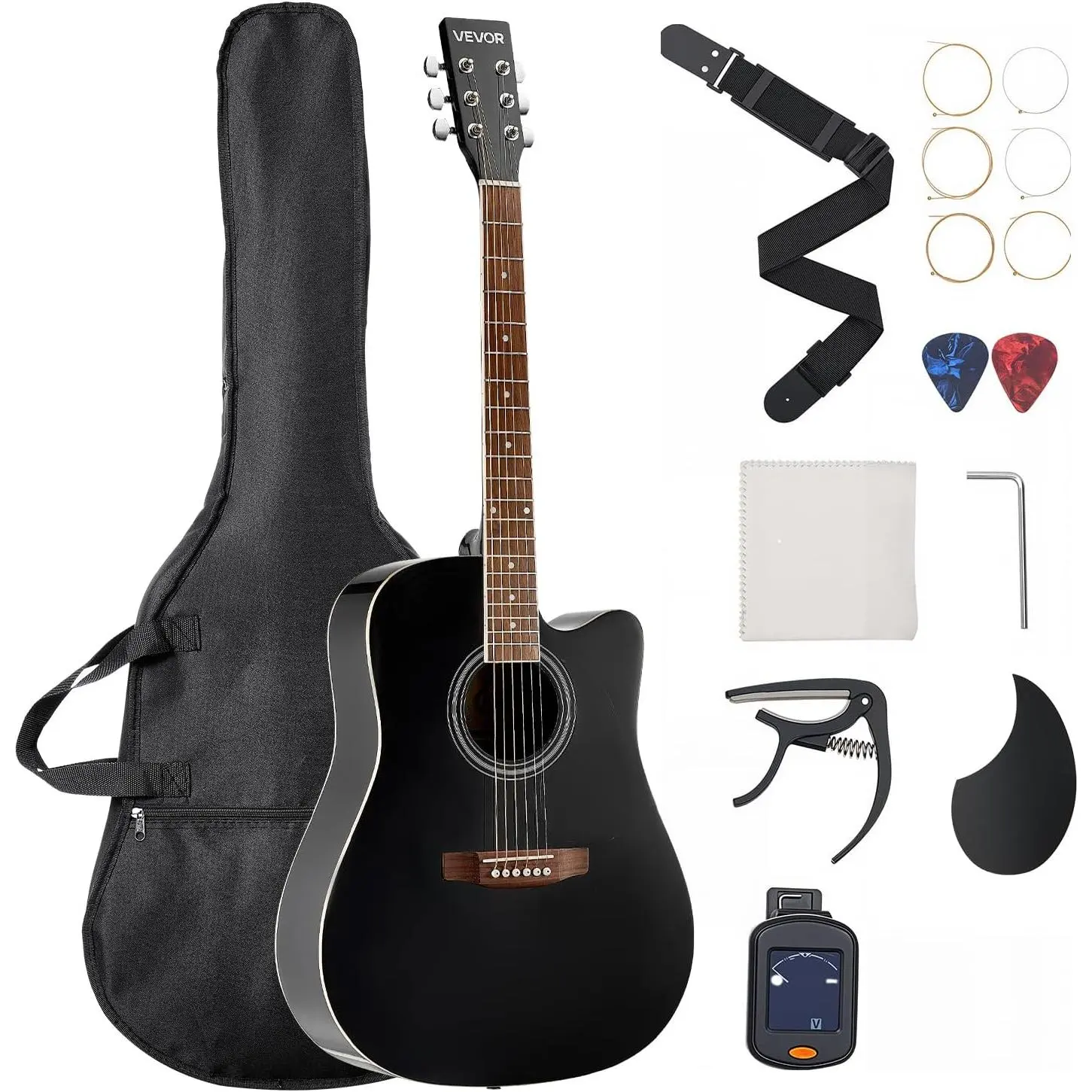 Spring New Arrivals 41 In 6-String Acoustic Guitar Bundle - Solid Spruce Top, Mahogany Body, Rosewood Fingerboard, Black, Beginner Adult Kit with Gig Bag, Tuner, Strap, Strings, Picks, Capo (Ideal for Fingerstyle Solo)