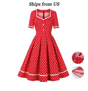 Women's 1950s Polka Dot Square Neck Short Sleeve A-Line Skirt Elegant Party Gathering Flared Skirt Vintage Dress Red Clothes OutdoorFun Womenswear Cocktail