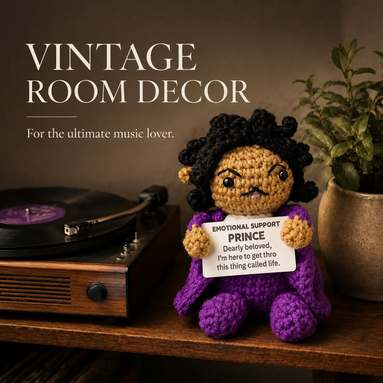 Handmade Yarn Hand-Knitted Amigurumi Crochet Emotional Support Plushie - Curly Hair, Compact 10x5x5cm Desk Fit Toy Buddy with Motivational Sign, Retro Home Decor Collectible, Housewarming Gift for Adults