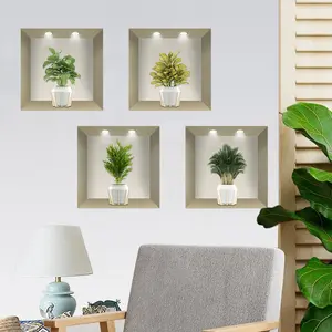 4pcs Potted Plant Pattern Wall Sticker, Simulation Plant Pot Print Self-adhesive Wall Decal, Sofa Background Wall Art, Home Decor