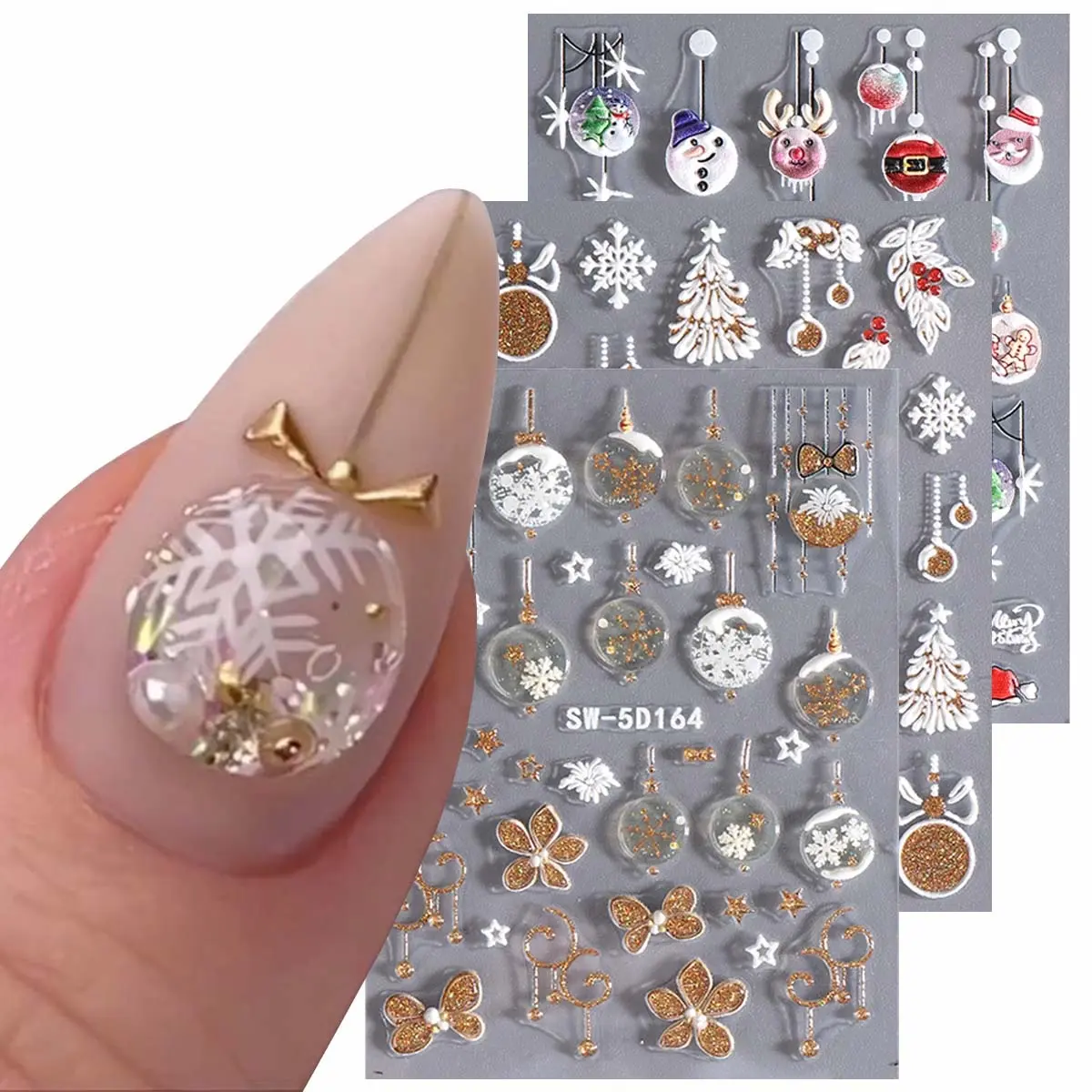 3 Sheets Christmas Nail Art Stickers, Reindeer Snowman Tree Snowflake Designs, Matte and Glitter DIY Self-Adhesive Decals for Women & Girls, Holiday Gift, Nail Art Decoration, Nail Art Supplies