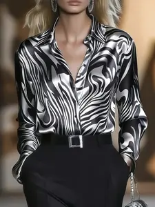 Women's Vintage Zebra Print Satin Shirt, Unique Design Long Sleeve Blouse, Fashionable, Chic and Stylish Women's Clothing