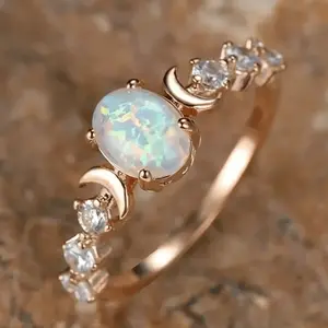 18K Gold Plated Women's Ring, Moonstone Design, Shiny Opal Stone, Engagement/Wedding Ring, Party Decoration Gift for Women