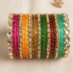 19-Piece Raindrop Glass and Kundan Bangle Stacked Set, Faceted Glass Costume Jewelry No Rhinestones for Party, Wedding