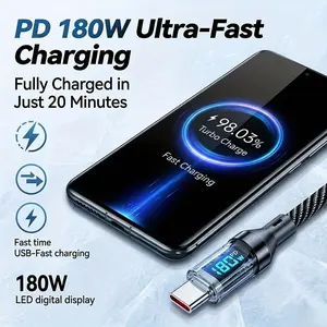 180W SUPERCHARGE! LED Display USB A to C Cable, 6A Fast Charging for iPhone 17/16/15 & Samsung S25 – 2M Braided