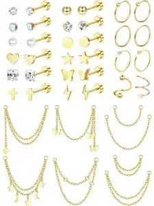40PCS 20G Cartilage Earrings For Women Men Surgical Steel Flat Back Stud Earrings Small CZ Star Moon Opal Butterfly Cartilage Huggie Hoops Chain Dangle Cartilage Helix Tragus Piercing Jewelry Stackable Earrings
