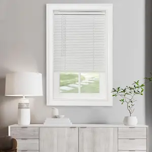 Wireless Light Filtering Mini Blinds - 27 inches wide, 64 inches long, 1 inch slat size - Pearl White - Designed wireless horizontal window blinds for interior design