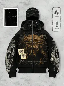 Jesus print hoodie men's street style rhinestone decoration windproof hat jacket men's wear has two hats, pocket and zipper design cardigan hooded sweatshirt, suitable for autumn and winter wear hoodie cross