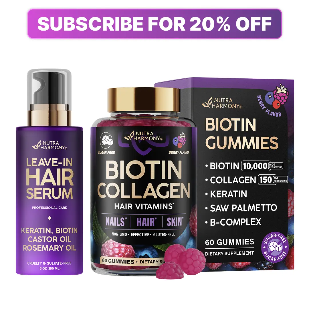 Biotin Hair Growth Bundle with Gummies | Collagen, Keratin & Hyaluronic Acid Supplement + Hydrating Leave-In Serum with Castor & Rosemary Oil | Vitamins B1 B2 B3 B6 B7 B & E | Hair Skin Nails | Women & Men | Made in USA