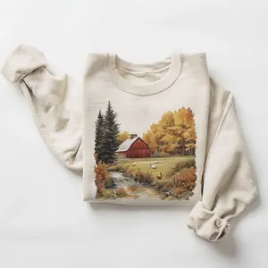 Rustic Farmhouse Fall Sweatshirt with Cozy Autumn Scene, Red Barn and Forest, Country Style Crewneck, Gift for Fall Lovers Unisex
