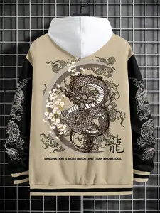 Men's Dragon Graphic Jacket, Fashionable Warm Coat, Casual Long Sleeve Loose Fit, Fall & Winter Outerwear, Tribal Print Style