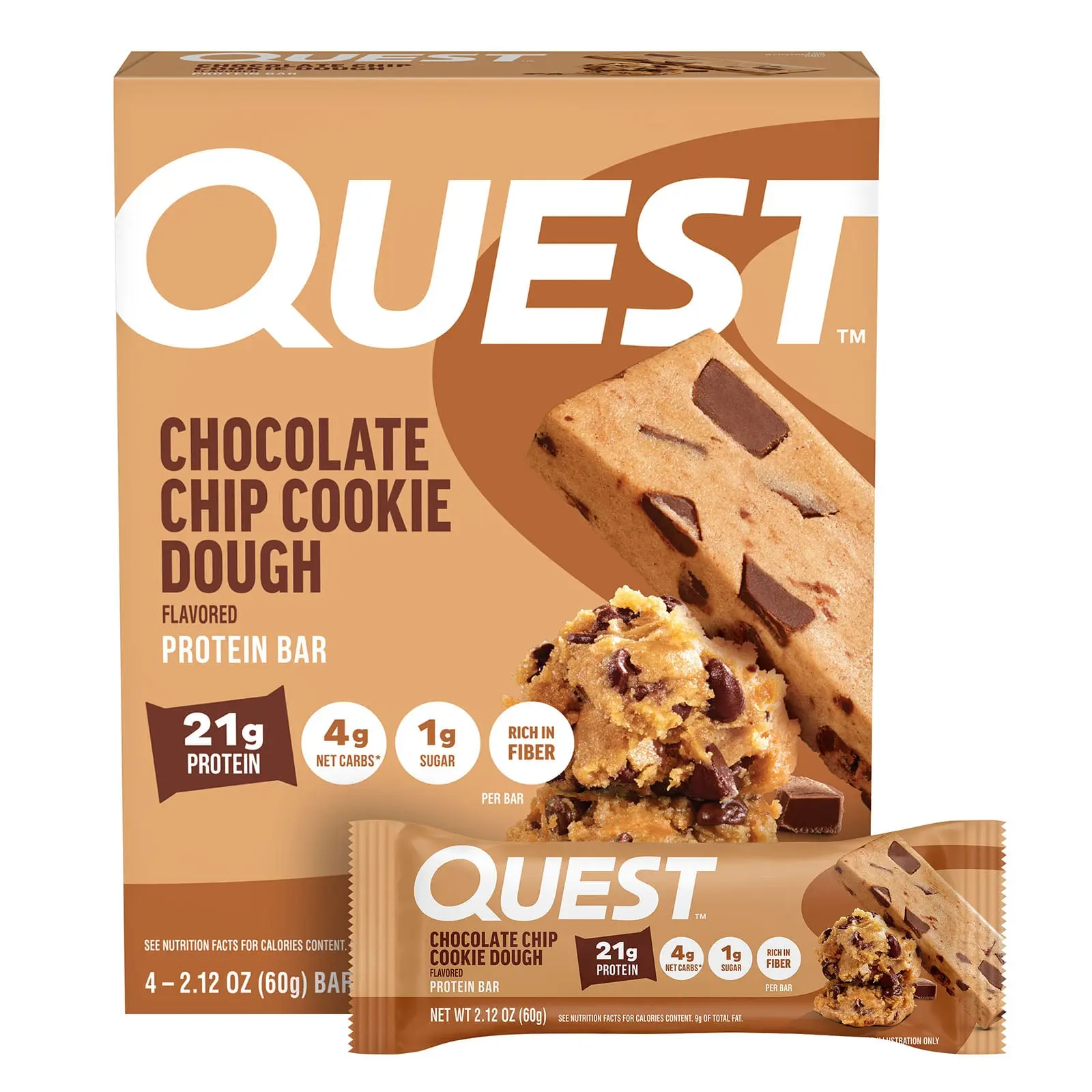 Quest Nutrition Protein Bar, Chocolate Chip Cookie Dough, 4 Bars, 2.12 oz (60 g) Each