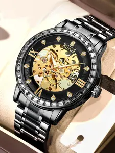 Men's Classic Hollow Mechanical Watch, Fashion Round Dial Luminous Waterproof Watch for Party, Daily Decor, Trendy All-match & Exquisite Watch for Birthday Gift with Box