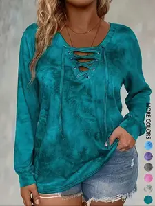 Women's Plus Size Tie-Dye Long Sleeve Fitted T-Shirt Top with Casual Print Design, Comfortable Soft Stretch Fabric for Daily Wear & Gift Giving