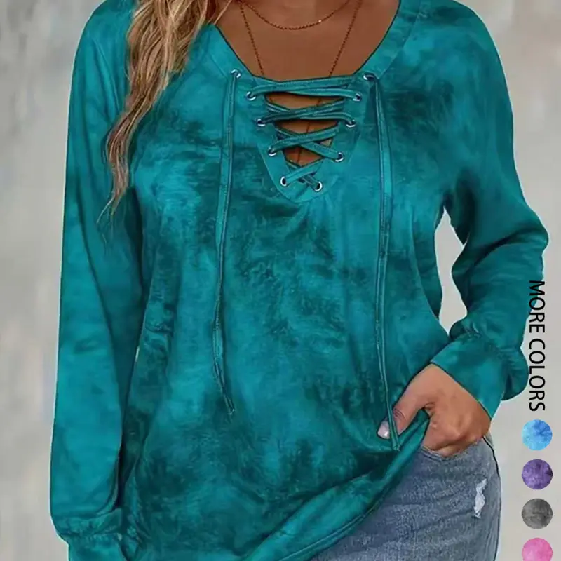 Women's Plus Size Tie-Dye-Up Long Sleeve Top Blouse, Casual Shirt with Soft Stretchy Fabric for Daily Wear, Womenswear