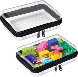 2 Pack Zippered Hard Pouch, Clear Plastic Storage Box Containers Small Toiletry Bag, Clear Hard Shell Zipper Case for Small Items, Toys, Building Blocks, Puzzles, Cosmetics, Stationery Accessories