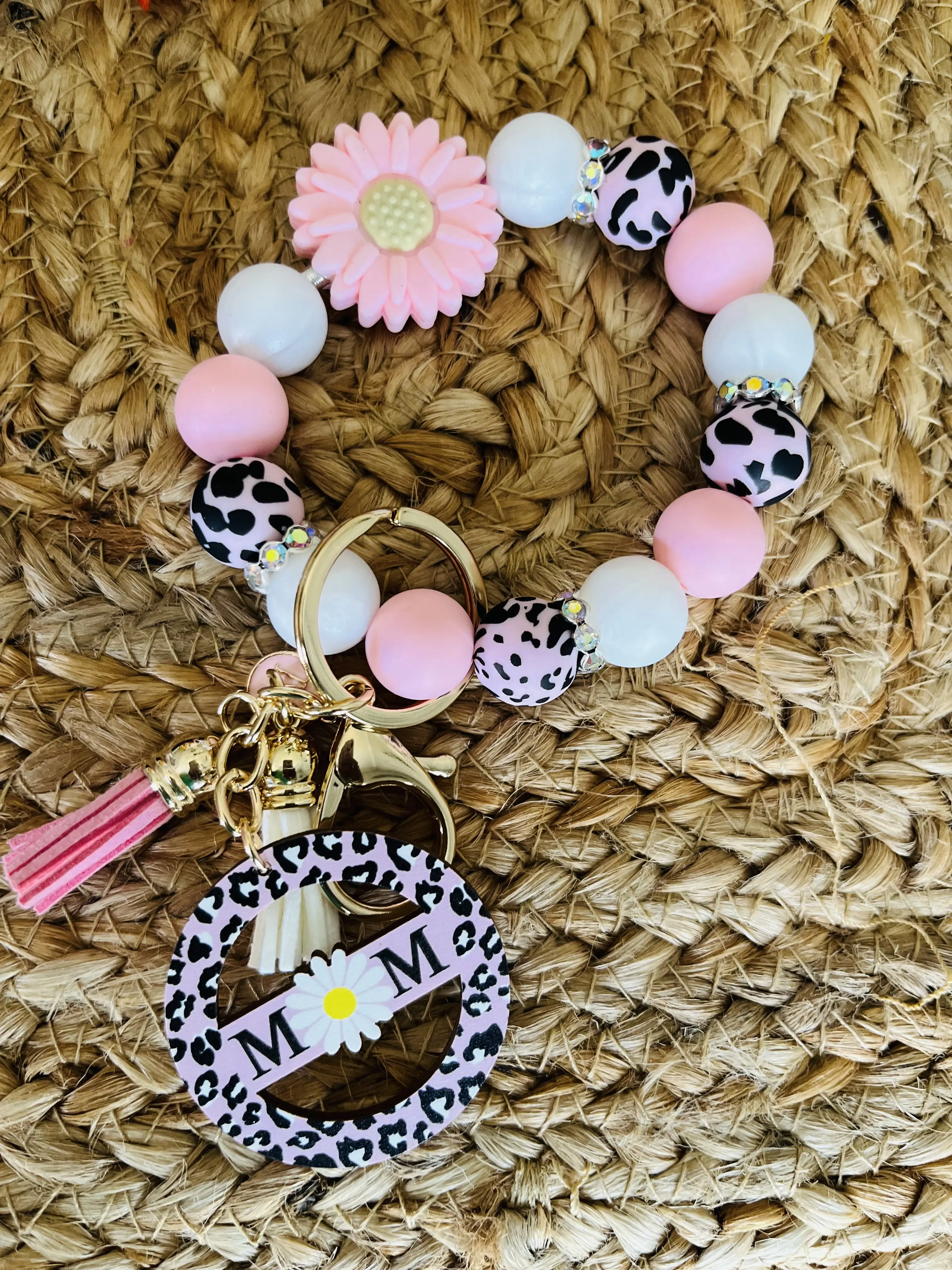 Mom Wristlet with Silicone Beaded Bracelet and Wooden Keychain