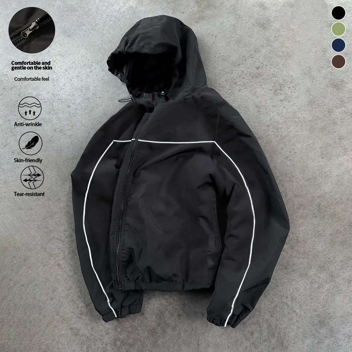 Men's hooded regular fit casual jacket with adjustable cap design, drawstring closure, windproof and abrasion resistant, suitable for sports, everyday casual wear, and commuting, ideal for spring and autumn seasons.