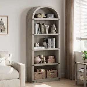Farmhouse Arched 5-Tier Bookcase Cabinet with Doors, Wooden Bookshelf, Walnut Finish Freestanding Storage Unit for Home Office, Living Room & Bedroom