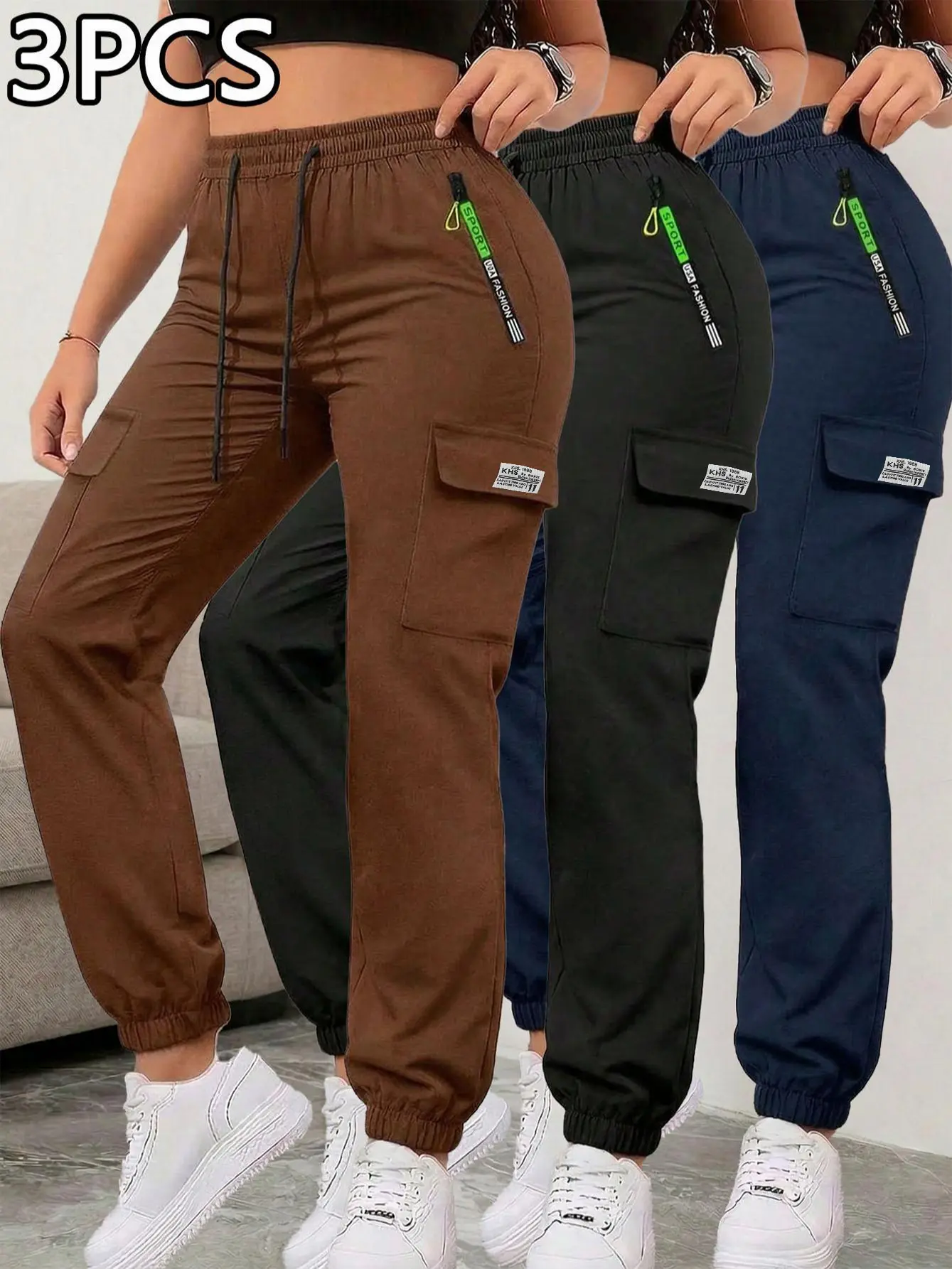Women's Cargo Pants, Casual Slim-Fit Joggers with Elastic Drawstring Waist and Large Zip Pockets for Spring Summer, 1 or 3 Pack, Cargo Pants Women, Chic Cargo Pants
