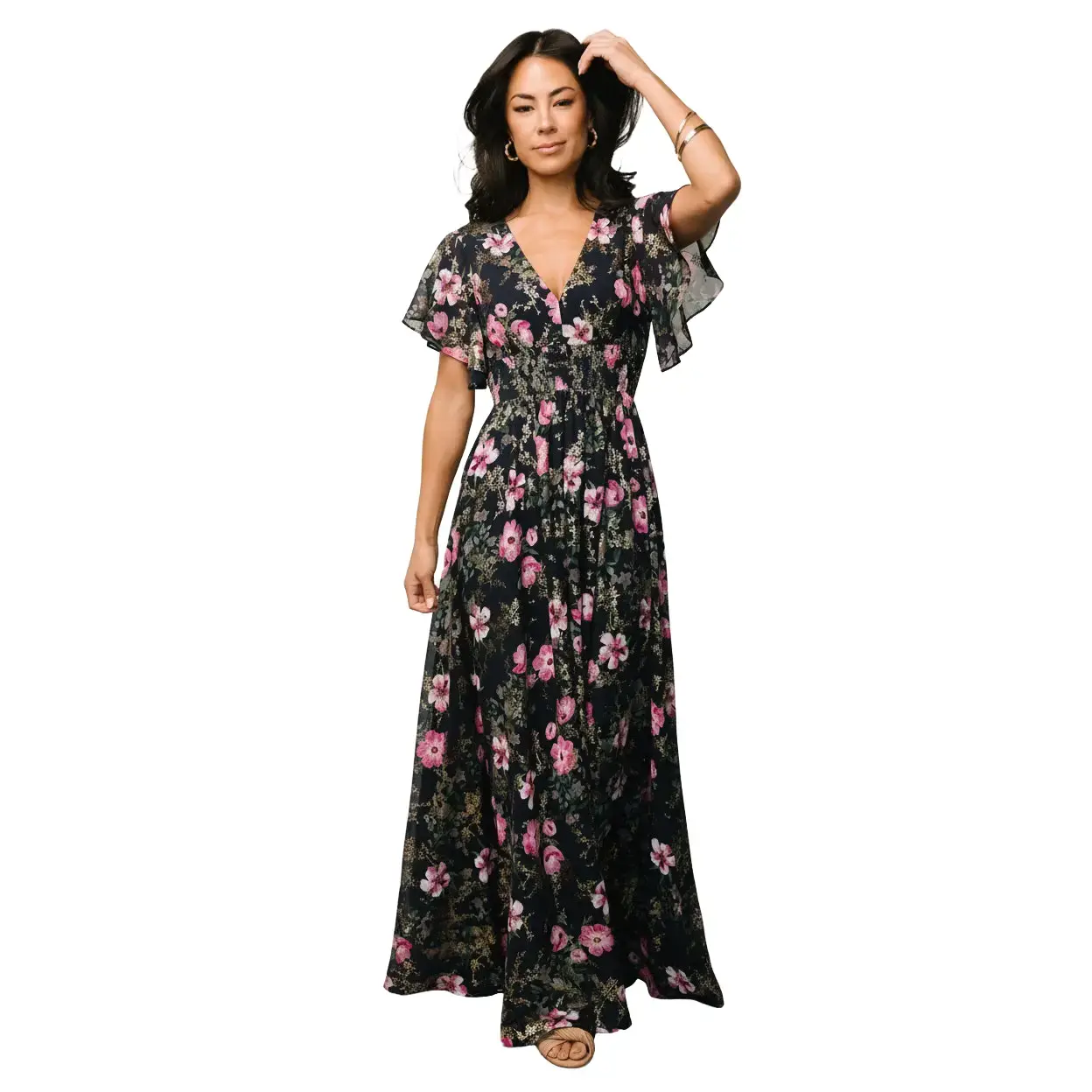 Women's Maternity Lynlee Metallic Maxi Dress - Dark Blue, Pink, Polyester, Lightweight, Feminine Casual Dress, Comfortable, Maternity Wear, Cute Maternity Clothes