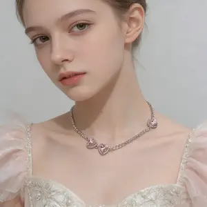 Love Heart Chain Link Necklace - Premium Pink Zircon Adjustable Layered Choker, 9-Stone & 3-Stone Options with Heart Inlays, Ideal for Daily Wear & Parties, Jewelry Gift for Women, Love Heart Necklace, Chain Link Necklaces