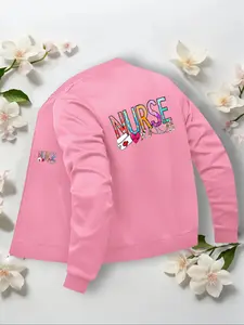 Women's Casual Graphic Long Sleeve Jacket, Fitted Zipper Cardigan for All Seasons, Stylish Nurse Coat with Baseball Collar, Unique Layering Piece